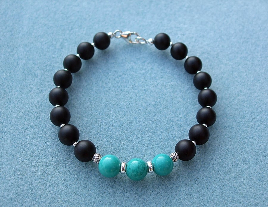 Turquoise and Matt Black Frosted Agate Bracelet with Sterling Silver