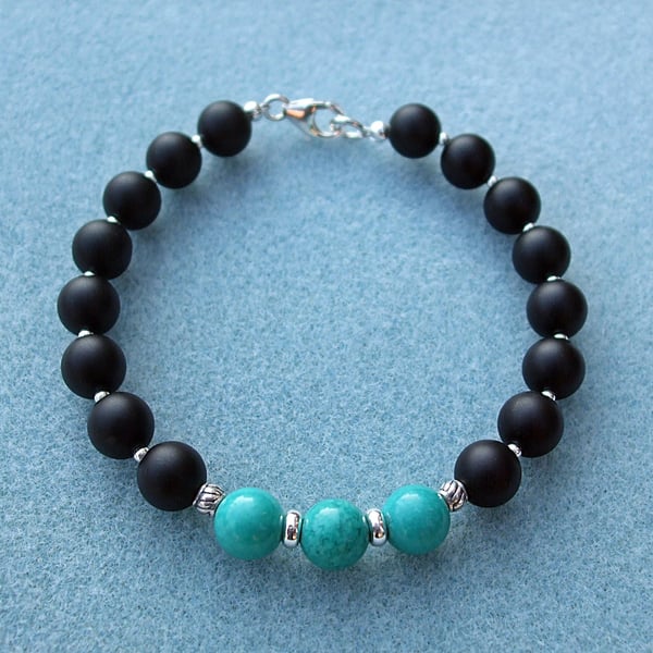 Turquoise and Matt Black Frosted Agate Bracelet with Sterling Silver