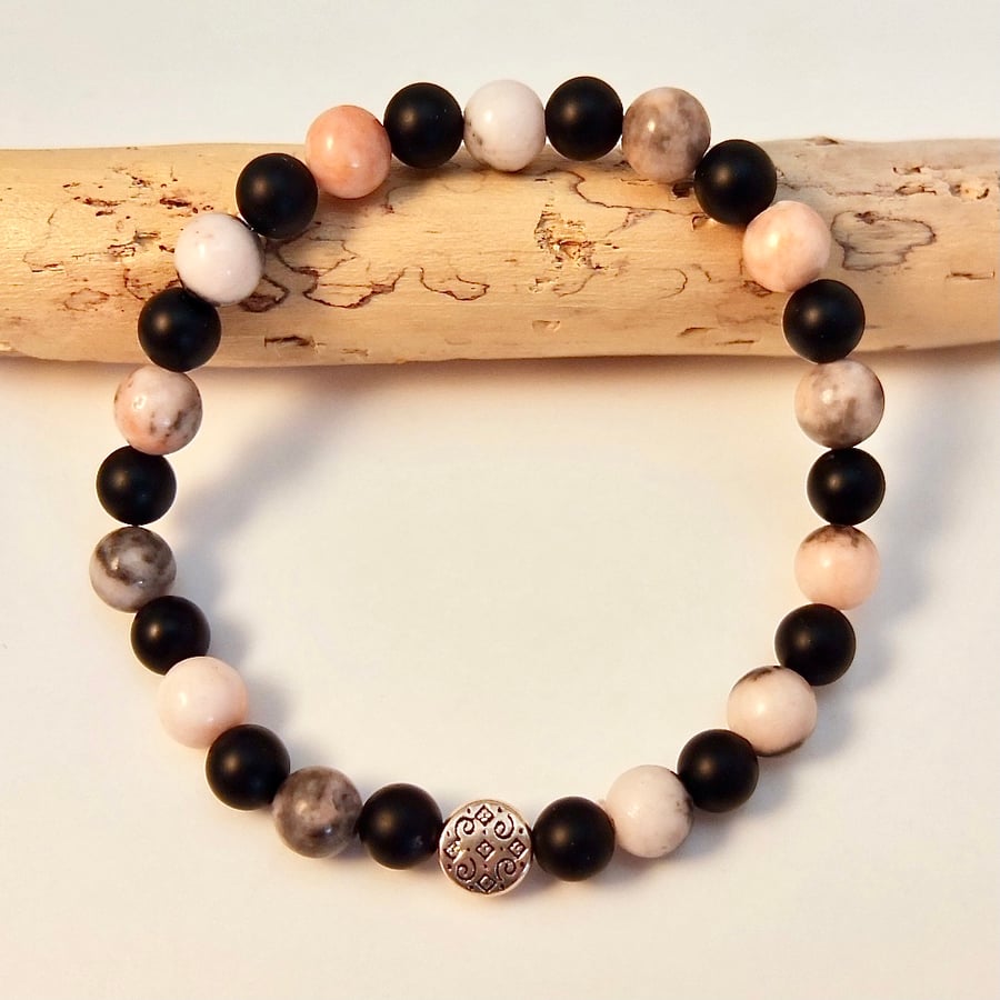Pink Zebra Jasper And Black Onyx Bracelet - Handmade In Devon.