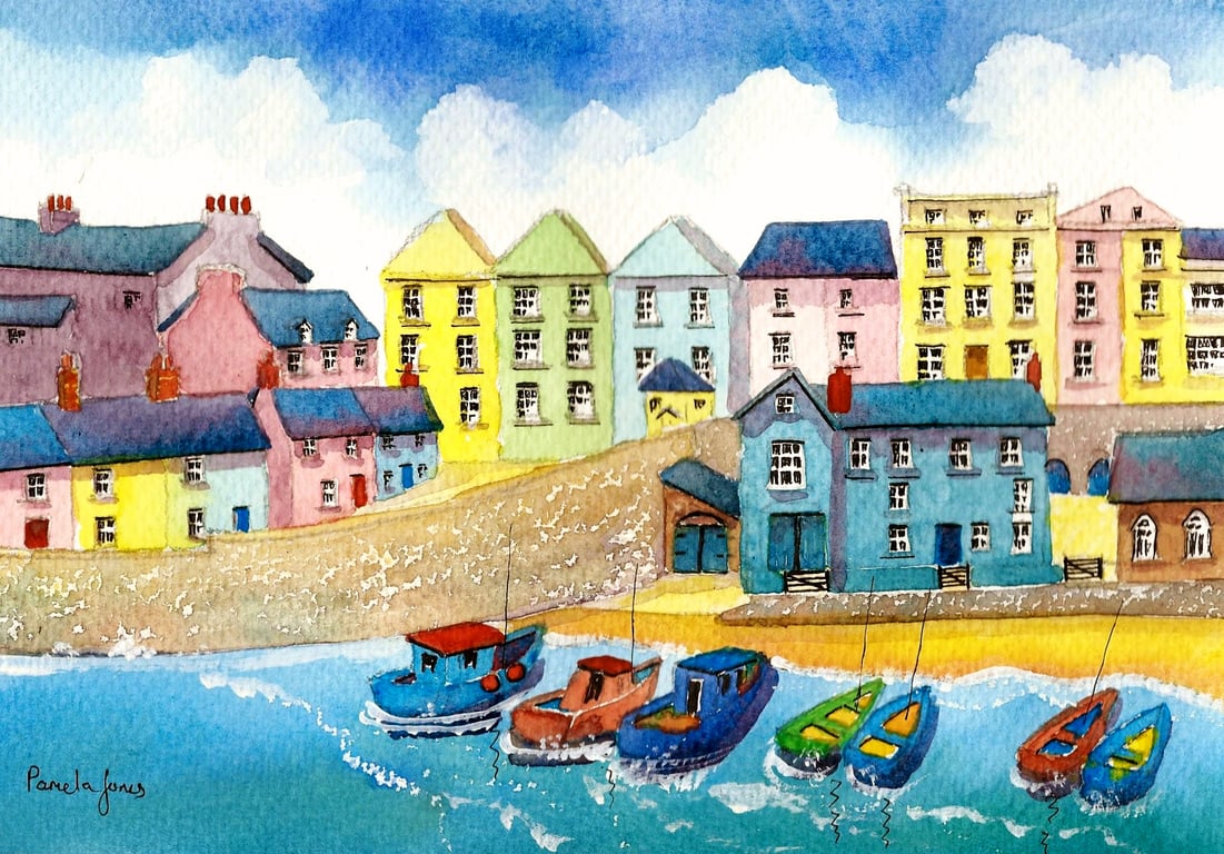 Boats, Tenby, Pembrokeshire, West Wales, Watercolour Print, Om 8 x 6 " Mount
