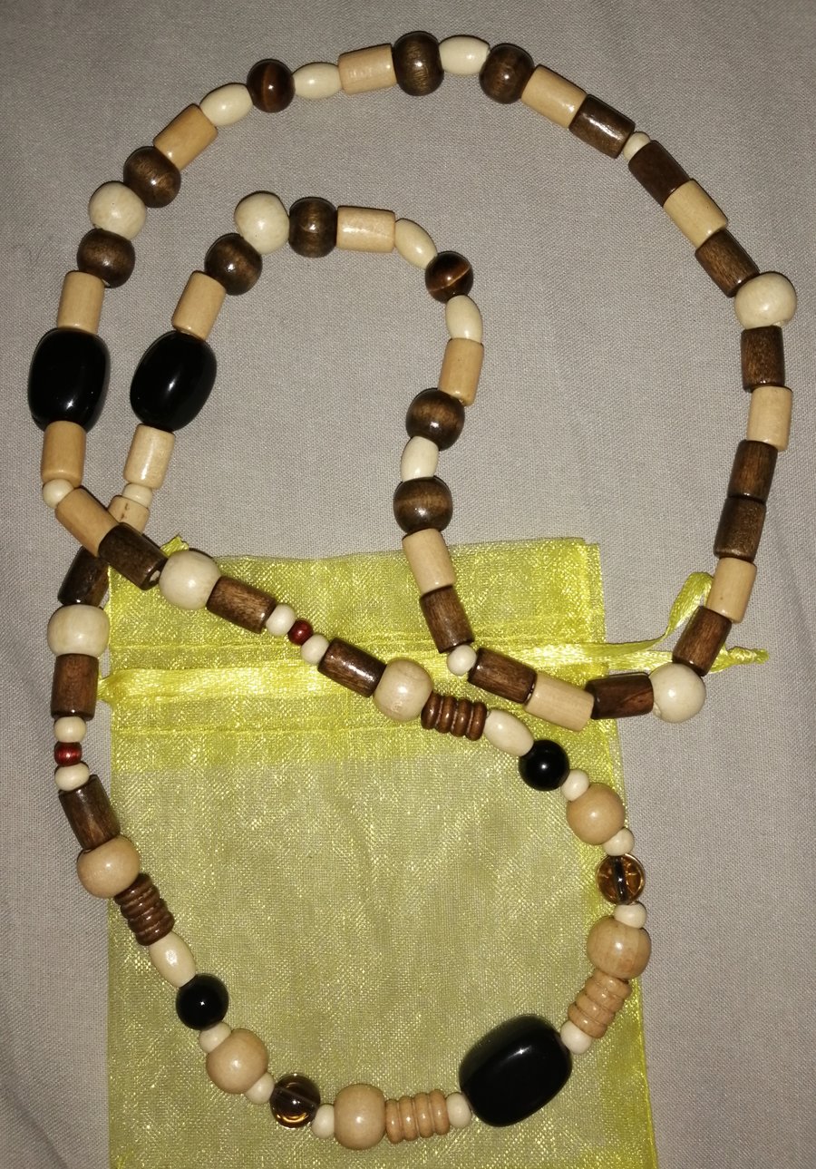 Wooden African Beads and Crystal Necklace