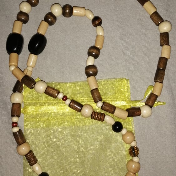 Wooden African Beads and Crystal Necklace