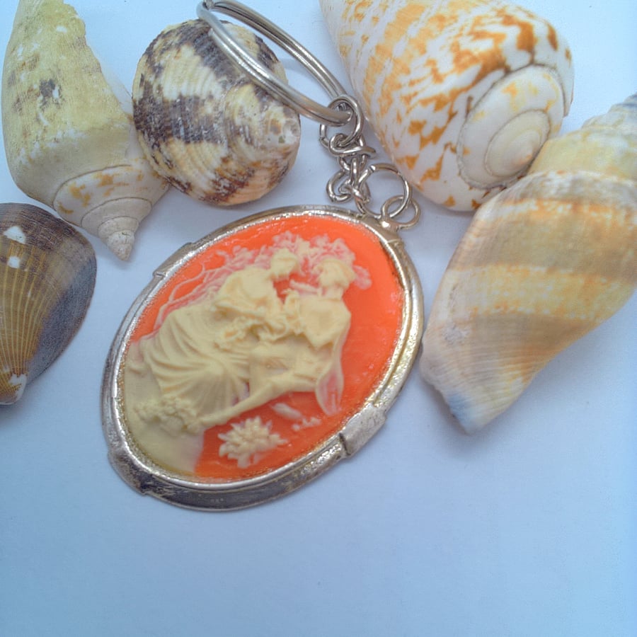 Large Oval Pink & White Acrylic Cameo Key Ring, End of Term Gift, Gift for Her