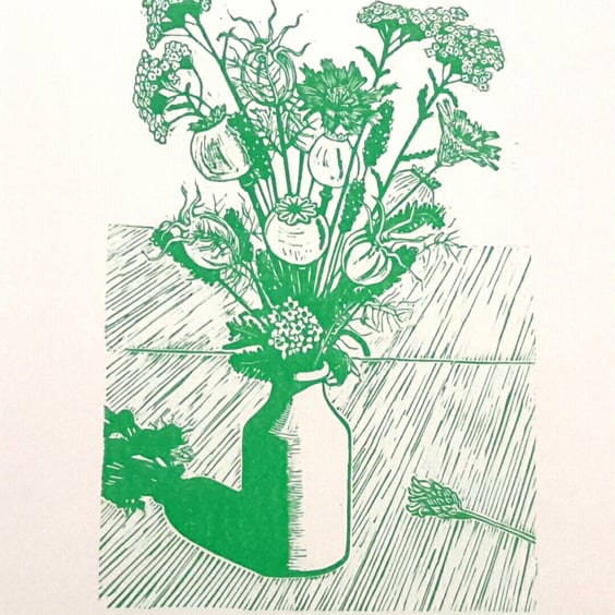 Linocut of  Summer Flowers & Seedheads green January Sale 