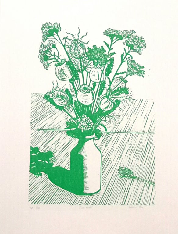 Linocut of  Summer Flowers & Seedheads green 