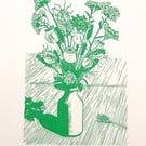 Linocut of  Summer Flowers & Seedheads green  