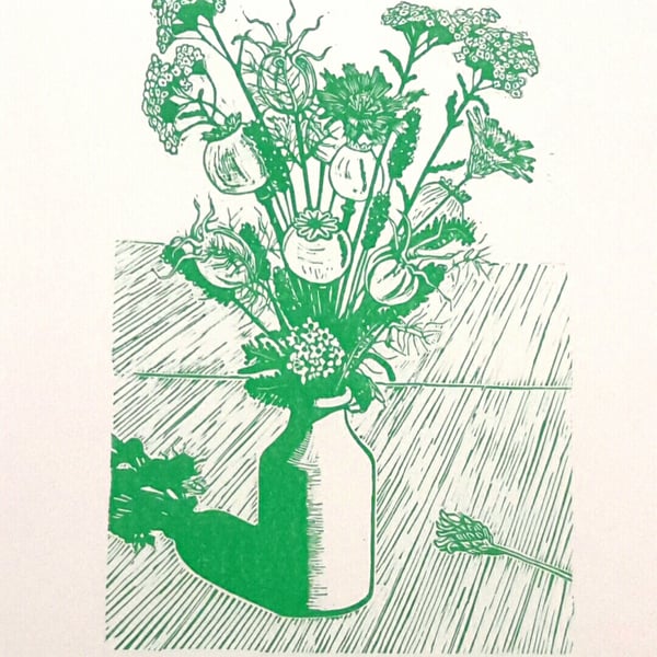 Linocut of  Summer Flowers & Seedheads green 