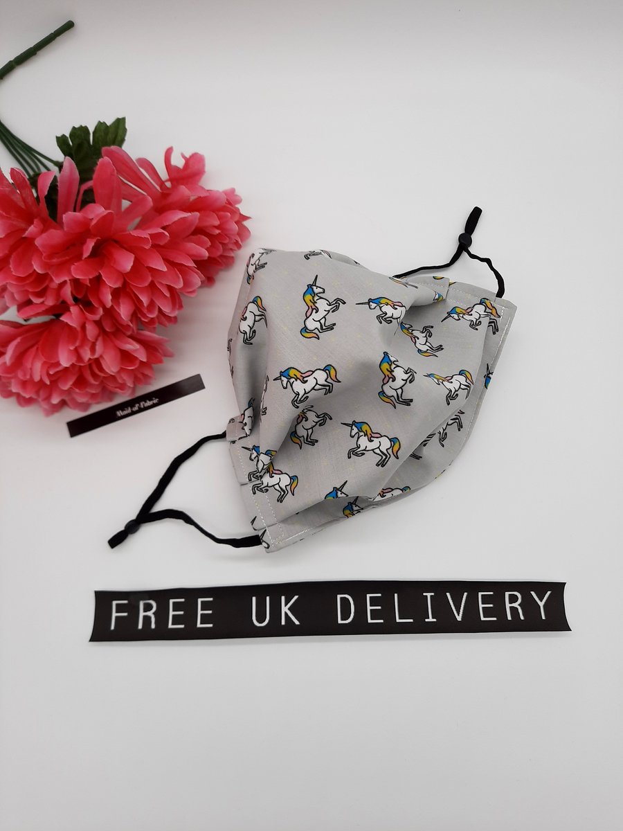 Face mask, large,  3 layer,  washable in grey unicorn 