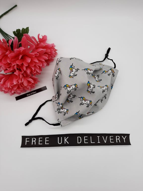 Face mask, large,  3 layer,  washable in grey unicorn 