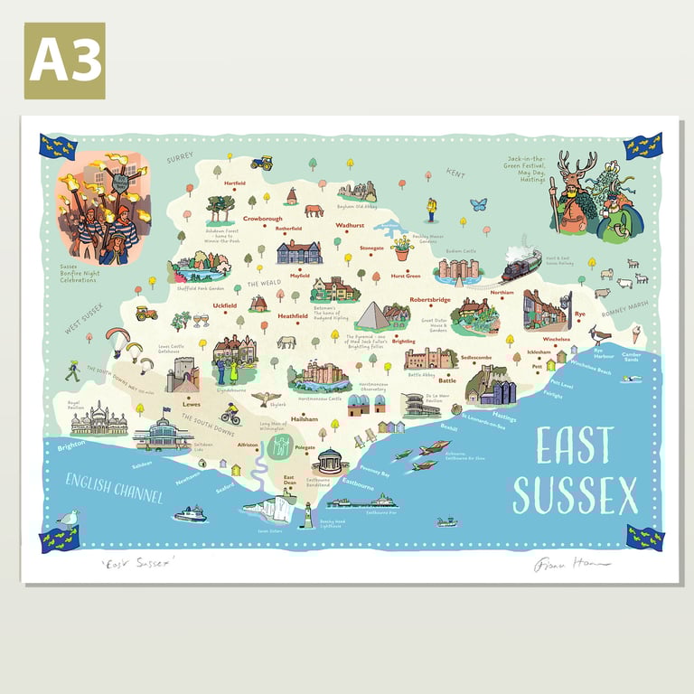 East Sussex A3 illustrated map poster by Fiona Horan
