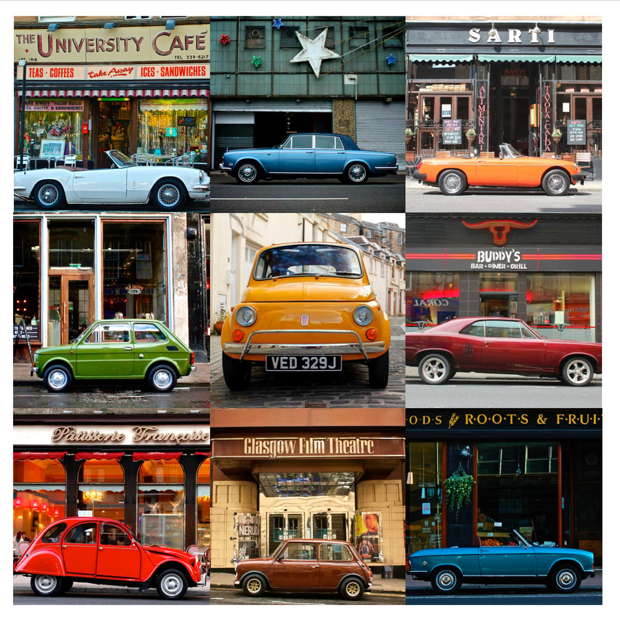 ‘Classic Cars around Glasgow’ Signed square Mounted Print 30 x 30cm FREE DEL