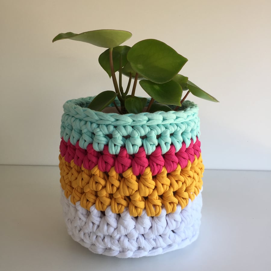 Crochet plant pot cover made with upcycled tshirt yarn - aqua small