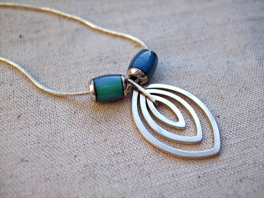 Abstract Petal Pendant, Sterling Silver with Genuine Mirage Mood Beads