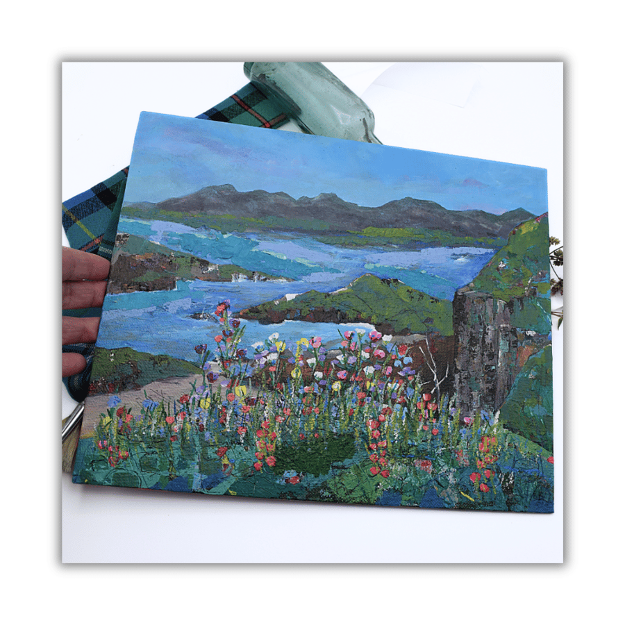 Coastal landscape - acrylic painting - Scotland - cliffs - wildflowers