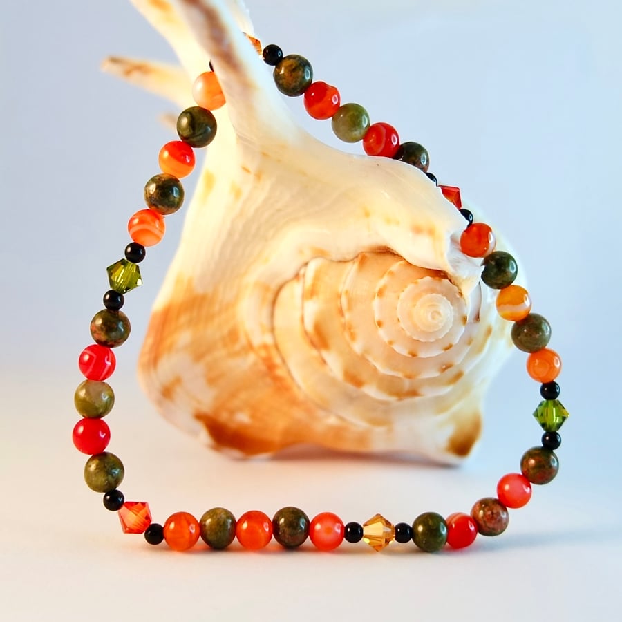 Agate And Unakite Bracelet With Swarovski Crystals - Handmade In Devon