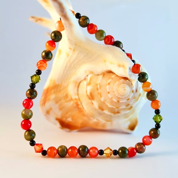 Agate And Unakite Bracelet With Swarovski Crystals - Handmade In Devon