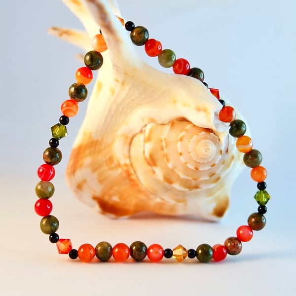 Agate And Unakite Bracelet With Swarovski Crystals - Handmade In Devon