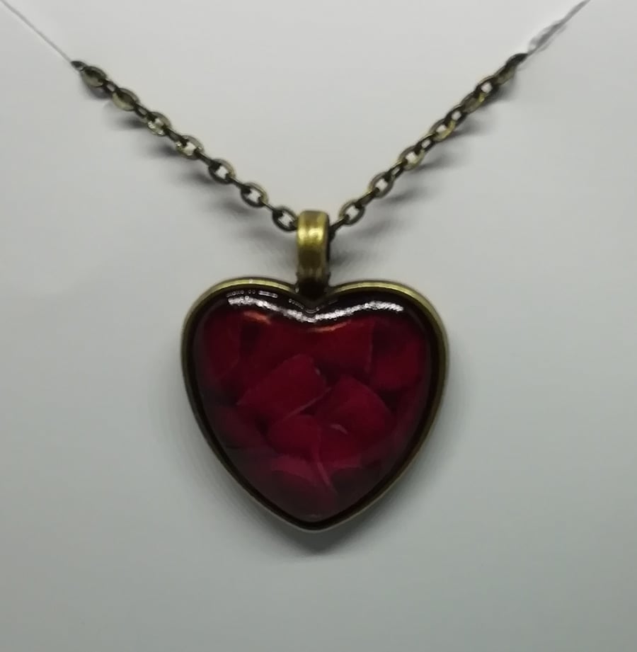 Heart shaped bronze rose petals pendant 