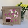 Birthday Card. Chocolate cupcake with pink bunting, handmade, wool felt. 