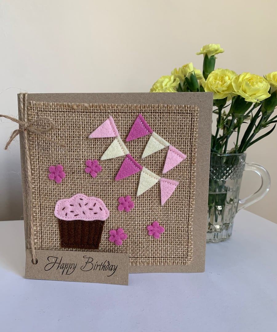 Birthday Card. Chocolate cupcake with pink bunting, handmade, wool felt. 