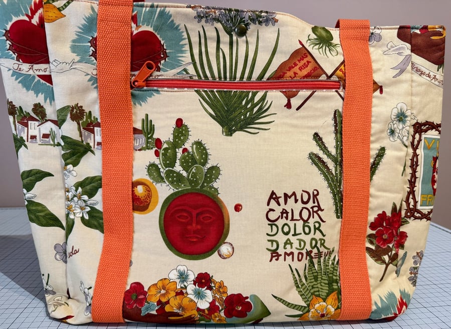 Handmade fully lined cream & orange cotton tote bag with pockets