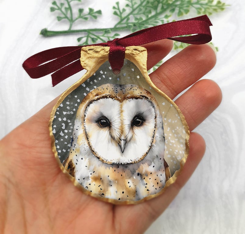 Barn Owl Ornament - Owl hanging Shell ornament - owl lover gift - Handmade Bird