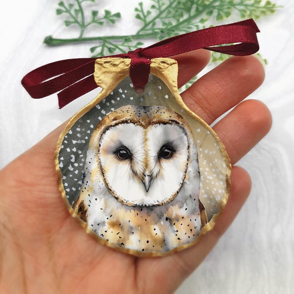 Barn Owl Ornament - Owl hanging Shell ornament - owl lover gift - Handmade Bird