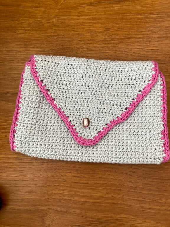 Crocheted cotton and silver yarn small clutch bag