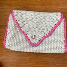 Crocheted cotton and silver yarn small clutch bag