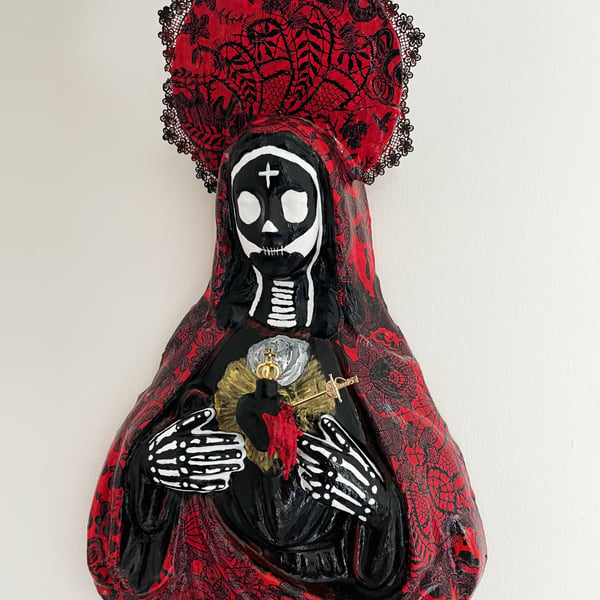  Gothic Day of The Dead Black And Red Unique Handmade Virgin Mary Wall Plaque