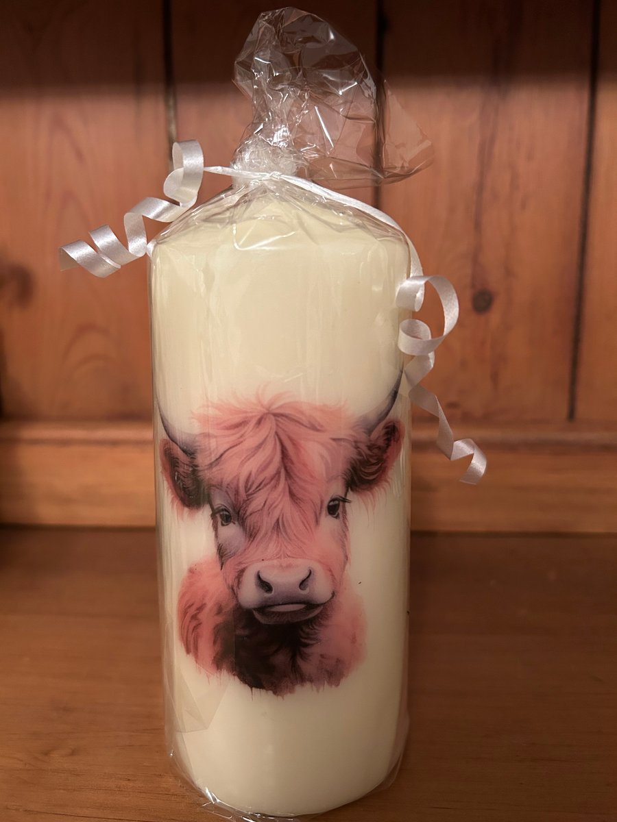 Handmade decoupage brown Highland Cow pillar candle