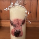 Handmade decoupage brown Highland Cow pillar candle 16x7cm