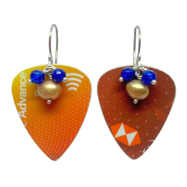 Recycled Plastic Orange Guitar Pick Earrings with Sapphires and Pearls