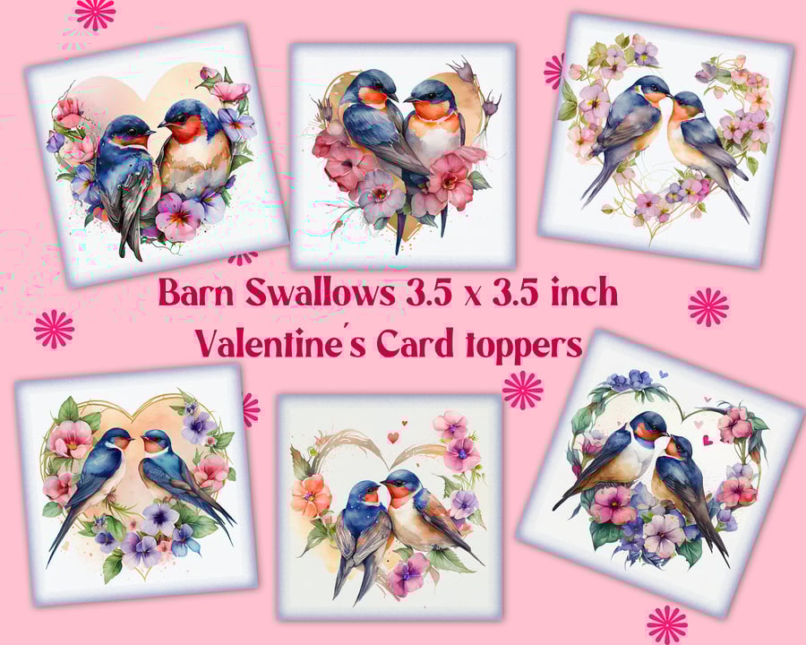 Barn Swallows Set of 6 Square Valentine's Card Toppers for Card Making, Journals