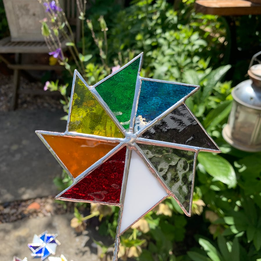 Stained  Glass Windmill Stake Large - Plant Pot Decoration - Rainbow 