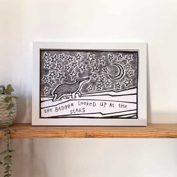 Badger and Stars Giclee Print, Whimsical Art Illustrations, Cute Home Decor
