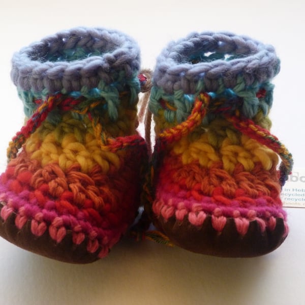 Wool & leather baby boots - Rainbow stripe - 12-18 months