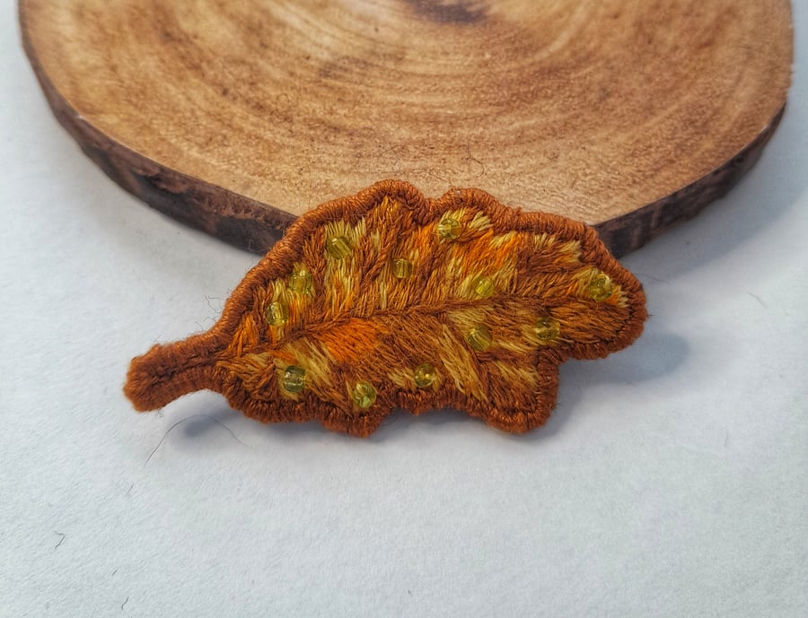 Hand embroidered Autumn beaded Leaf Brooch 