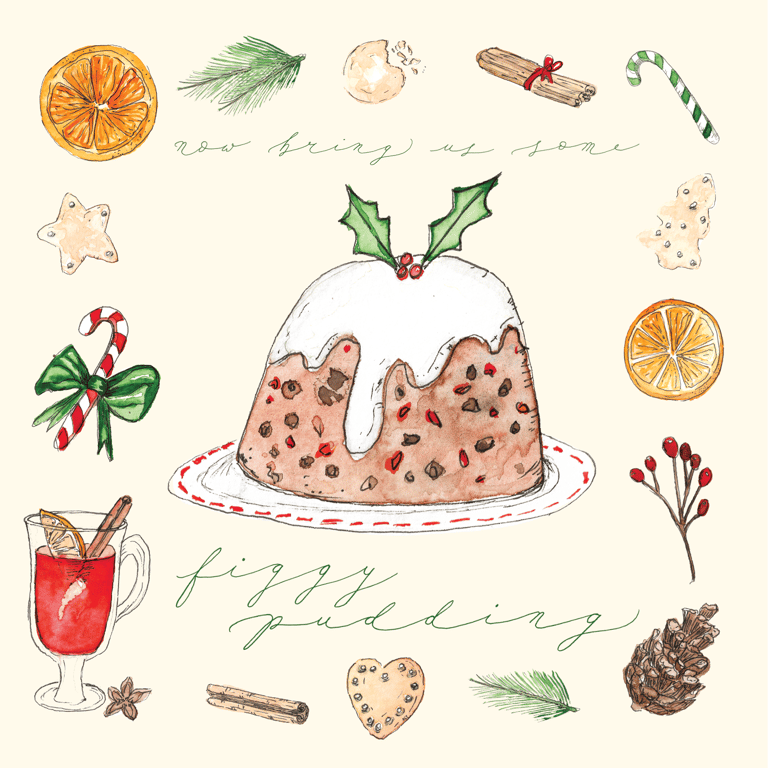 Set of x4 Hand-Illustrated 'Figgy Pudding' Eco Christmas Cards