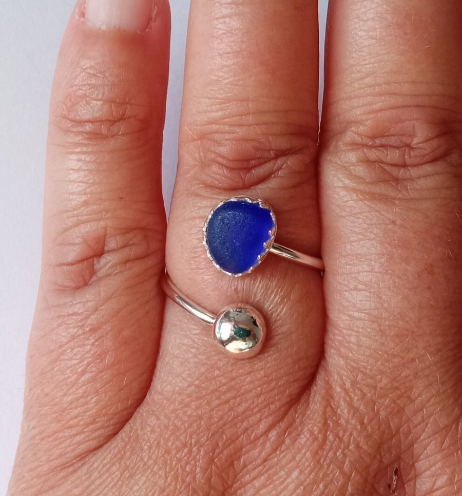 Recycled Sterling Silver & Rare Cobalt Blue Seaglass Adjustable Ring in Gift Box