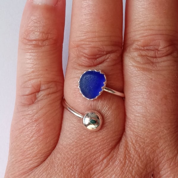 Recycled Sterling Silver & Rare Cobalt Blue Seaglass Adjustable Ring in Gift Box