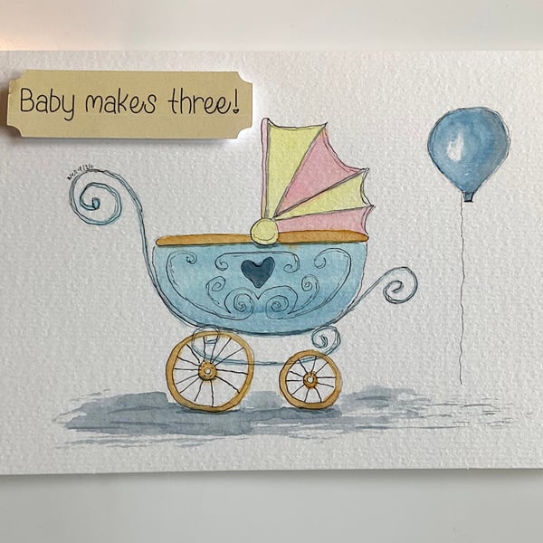 Unique Watercolour New Baby  Card, Handmade