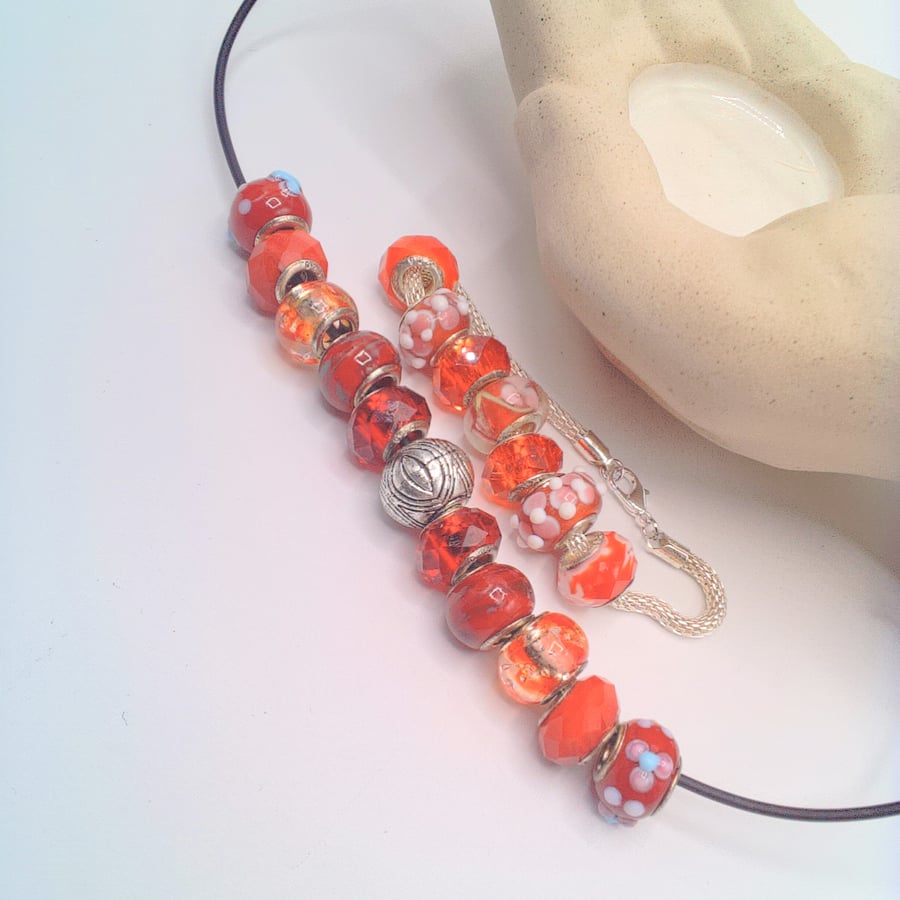 Lampwork Bead and Silver Spacer Bead Necklace and Bracelet Set, Gift for Her 