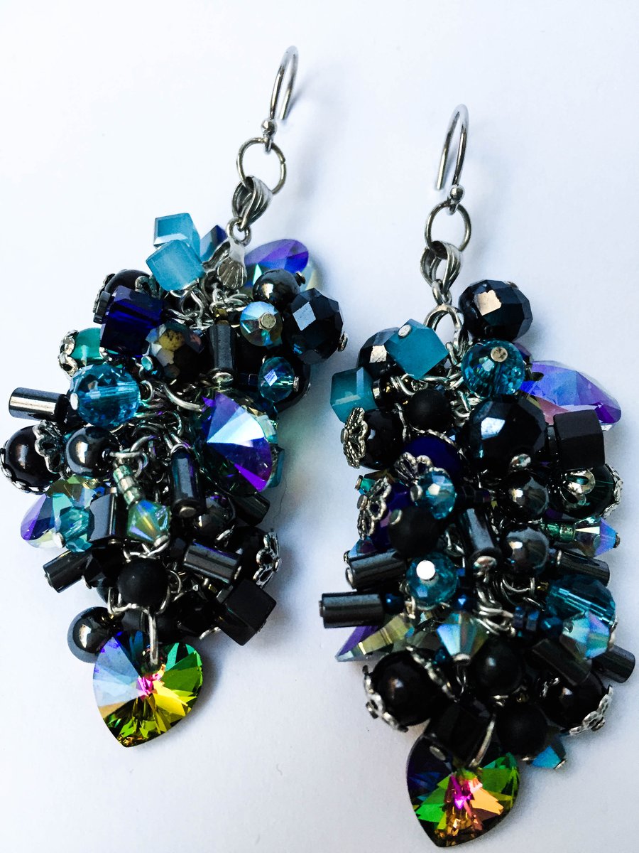 Blue and black colorful Swarovski crystal sterling silver shaggy cluster earring
