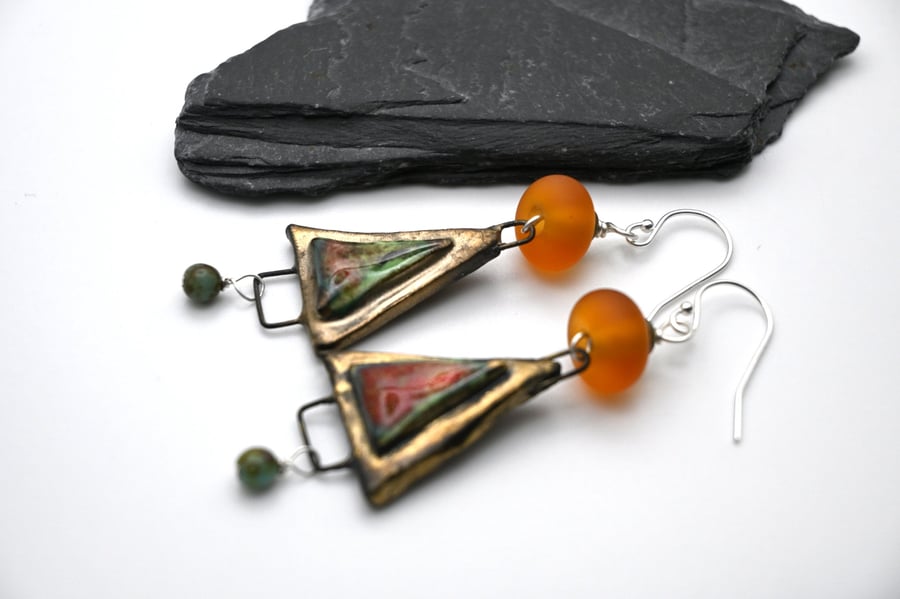 orange and green glass and ceramic earrings