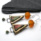 orange and green glass and ceramic earrings