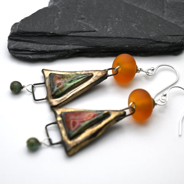 orange and green glass and ceramic earrings