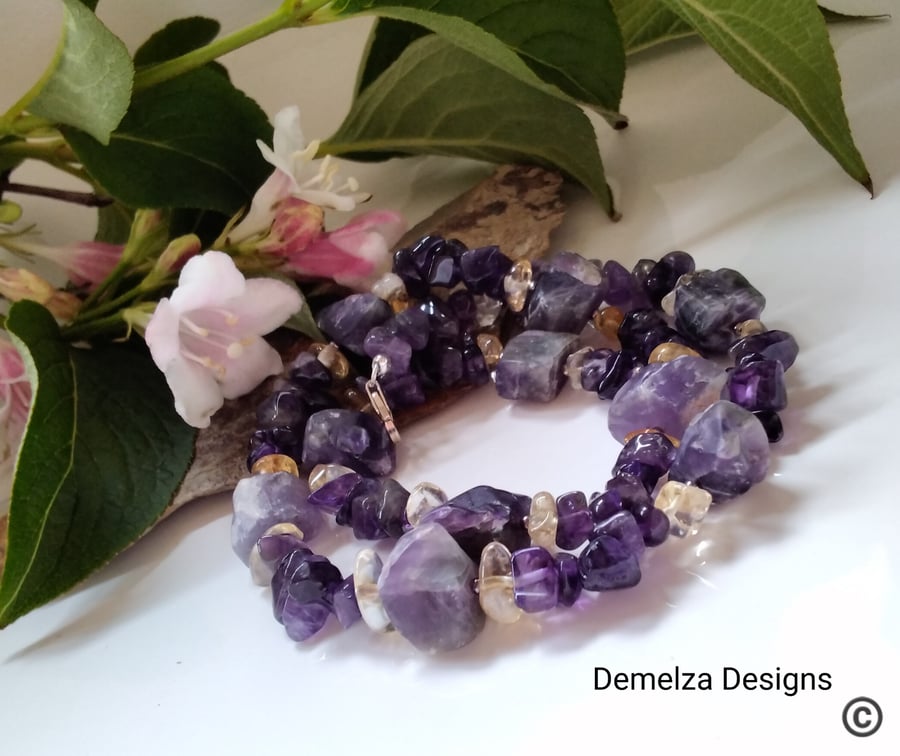 Chunky Raw Amethyst & Citrine Sterling Silver Necklace 