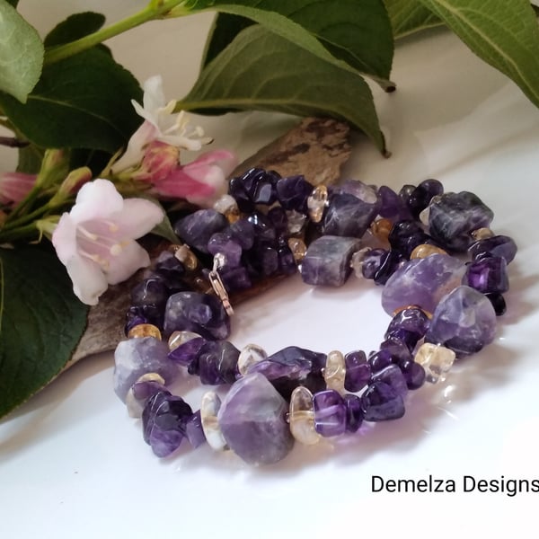 Natural Chunky Raw Amethyst & Citrine Sterling Silver Necklace