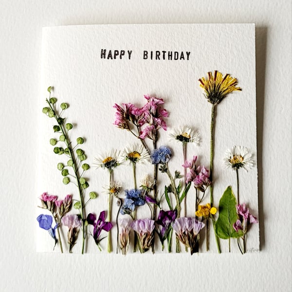 Handmade 'Dandelion and Lobelia' Pressed Flower Happy Birthday Greeting Card 
